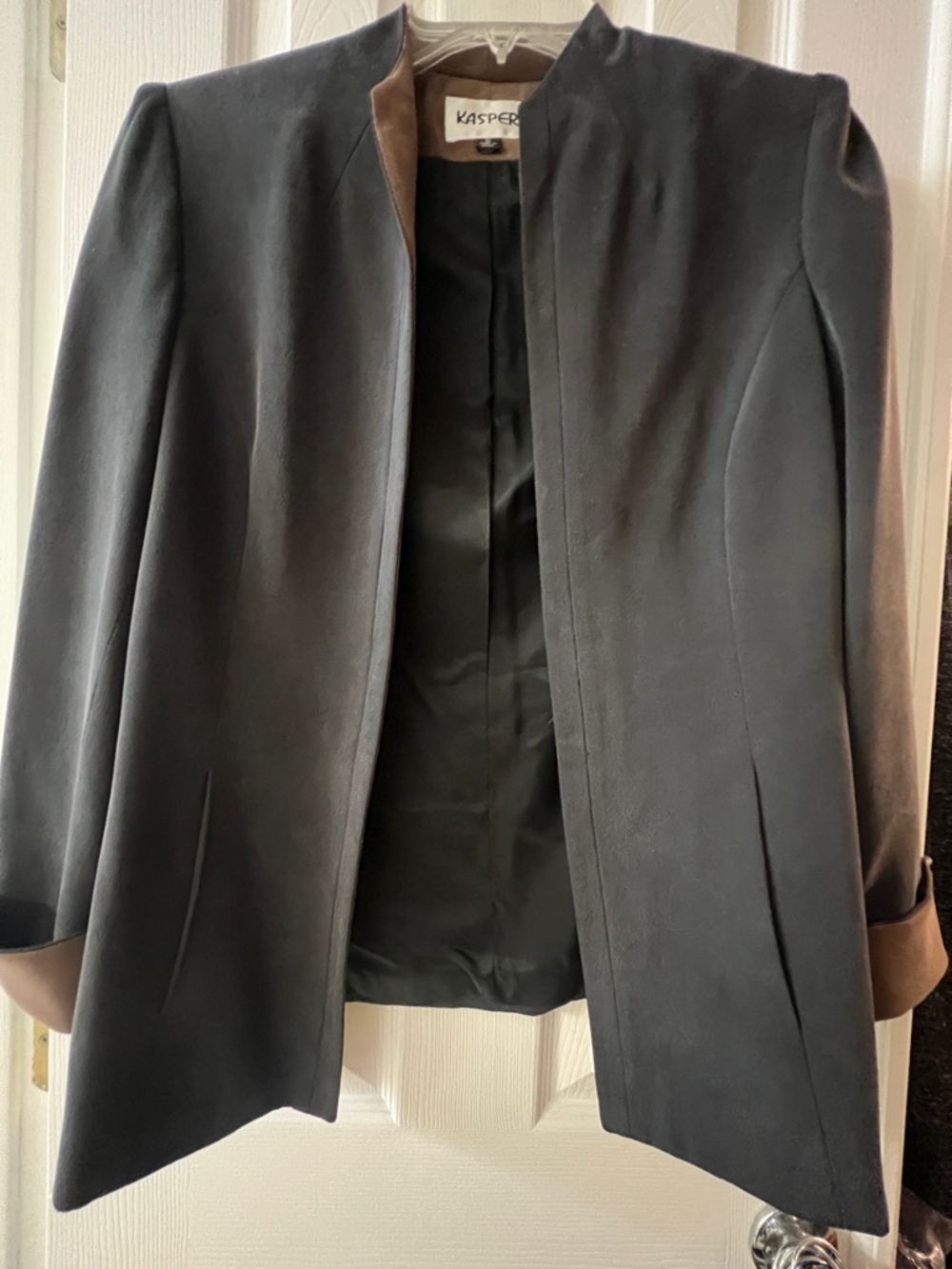 Kasper Black Open-Front Blazer with Brown Trim